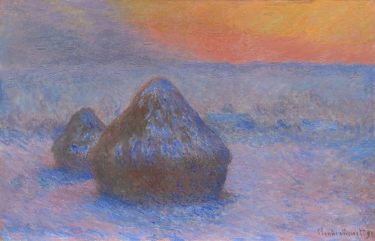 Monet Framed Canvas: Elevating Impressionism with Museum-Quality Presentation - Stacks of Wheat Sunset, Snow Effect by claude monet