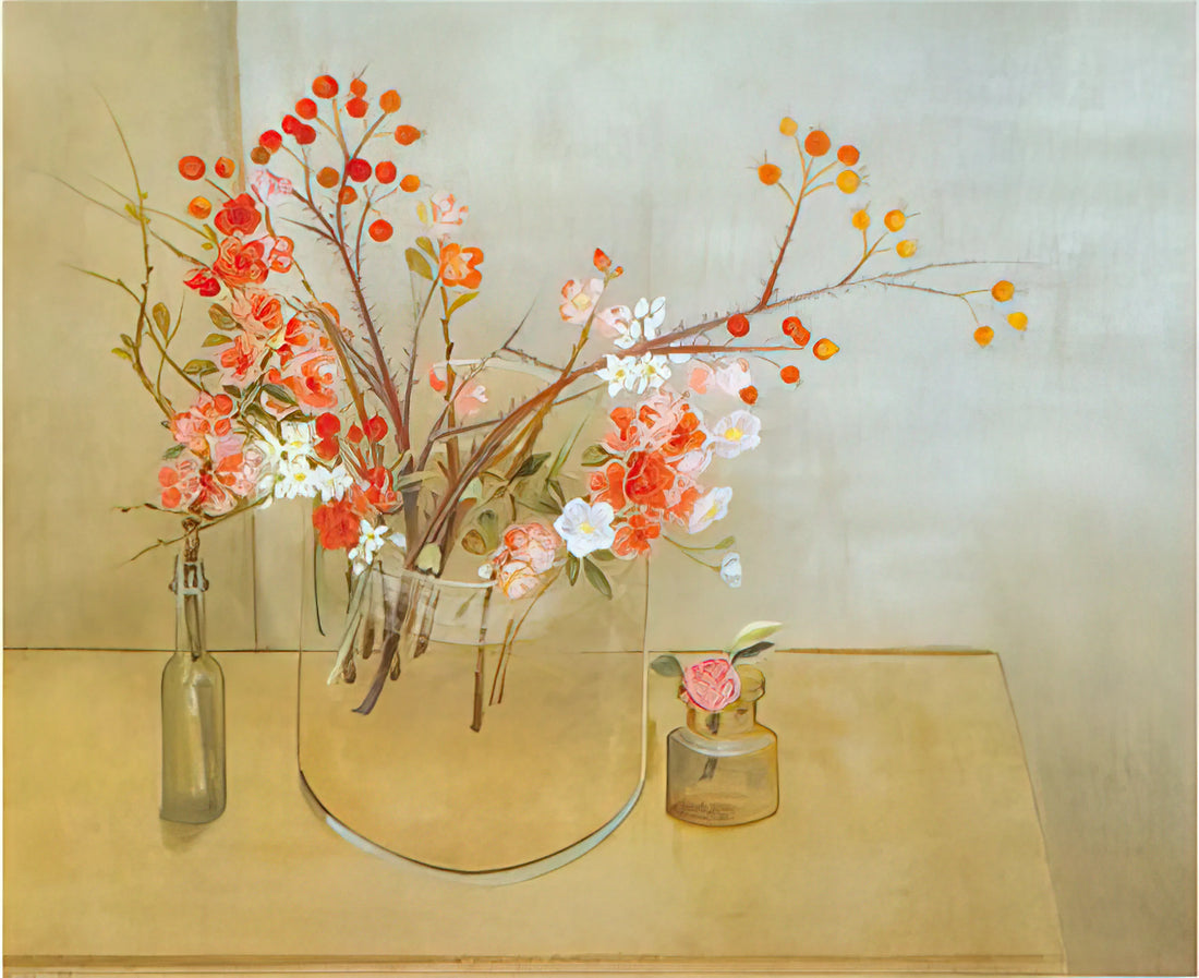 Morris Graves Posters: A Guide to the Mystical Pacific Northwest Visionary - Winter Bouquet flowering quince, rosehaws, narcissus, winter rose and camellia - 1977 by Morris Graves