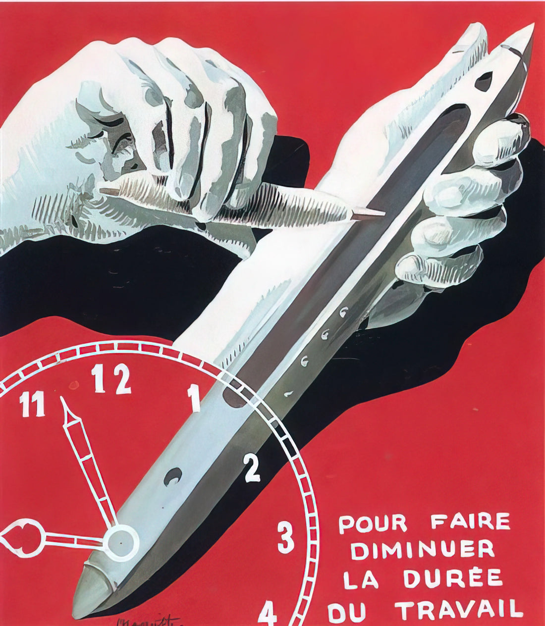 Rene Magritte's La Grande Famille: Decoding the Surrealist Masterpiece - PROJECT OF POSTER THE CENTER OF TEXTILE WORKERS IN BELGIUM TO REDUCE WORKING HOURS 1938 by Rene Magritte
