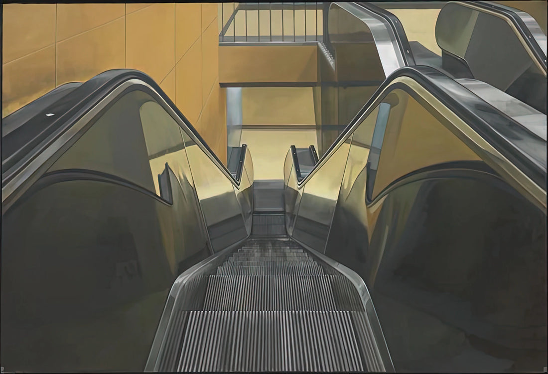 Richard Estes Acrylic Print: Capturing Urban Realism with Museum-Quality Precision - ESCALATOR 1970 by Richard Estes