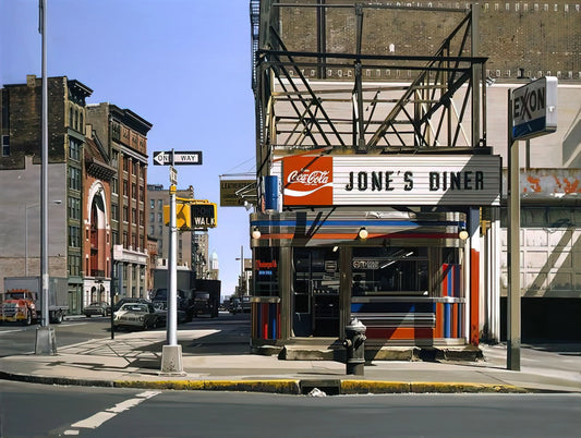 Richard Estes Art Prints: The Photorealist Master's Urban Landscapes in Your Collection - JONES DINER 1979 by Richard Estes
