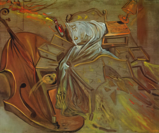 Salvador Dalí Canvas Wall Art: A Collector's Guide to Surrealist Masterpieces - BED AND TWO BEDSIDE TABLES FEROCIOUSLY ATTACKING A CELLO by Salvador Dali