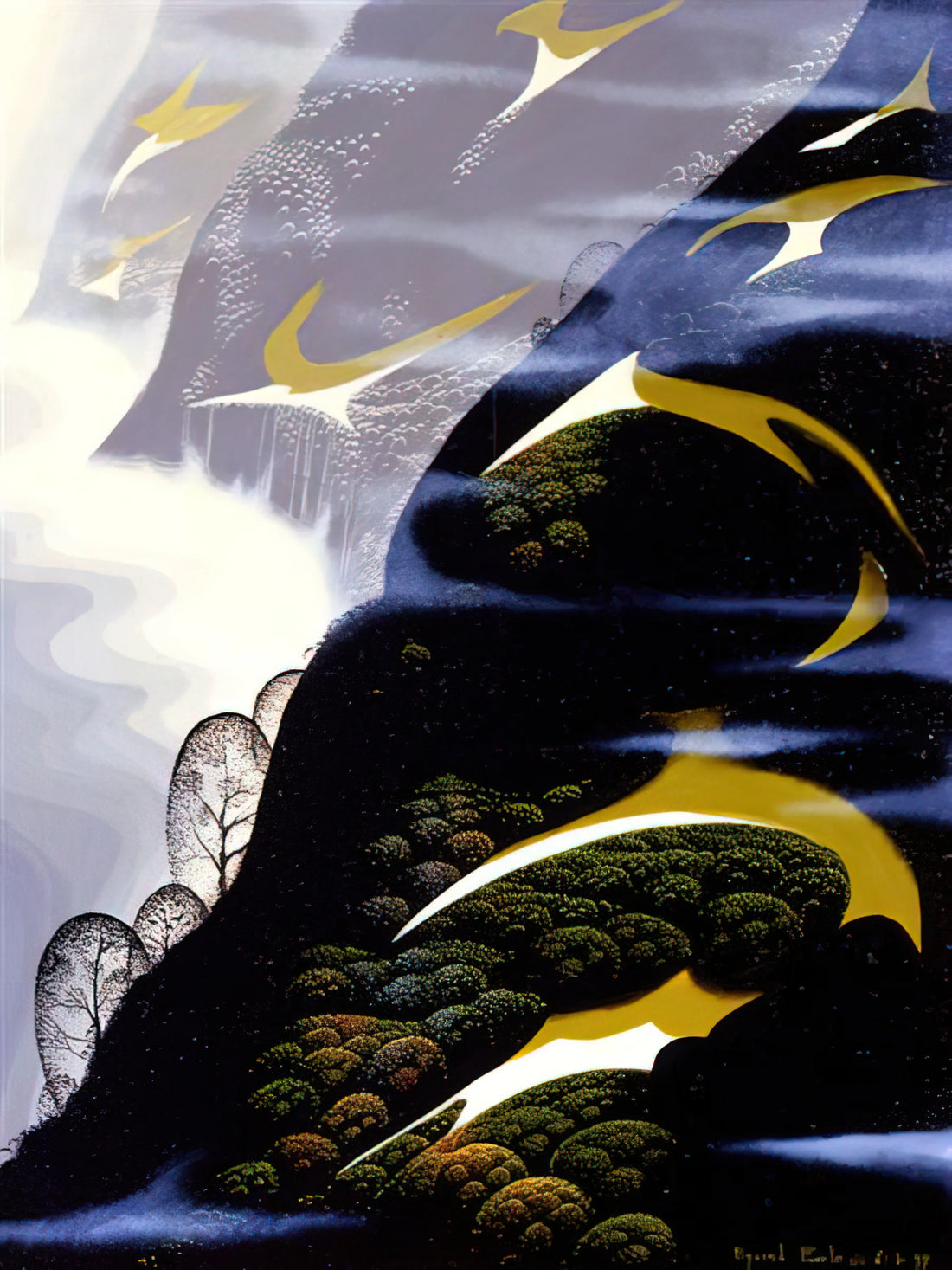 The Art of Eyvind Earle: A Journey Through Stylized Landscapes and Mid-Century Modernism - Copy of Sea mist and Pastures by Eyvind Earle