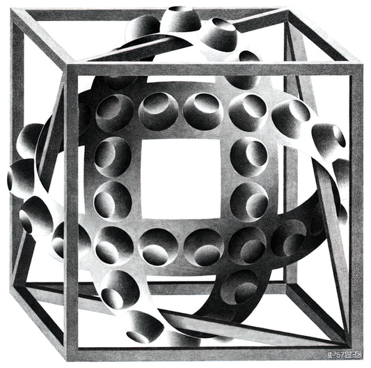 The Mesmerizing World of M.C. Escher: A Deep Dive into His Iconic Black and White Art - CUBE WITH MAGIC RIBBONS by MC Escher