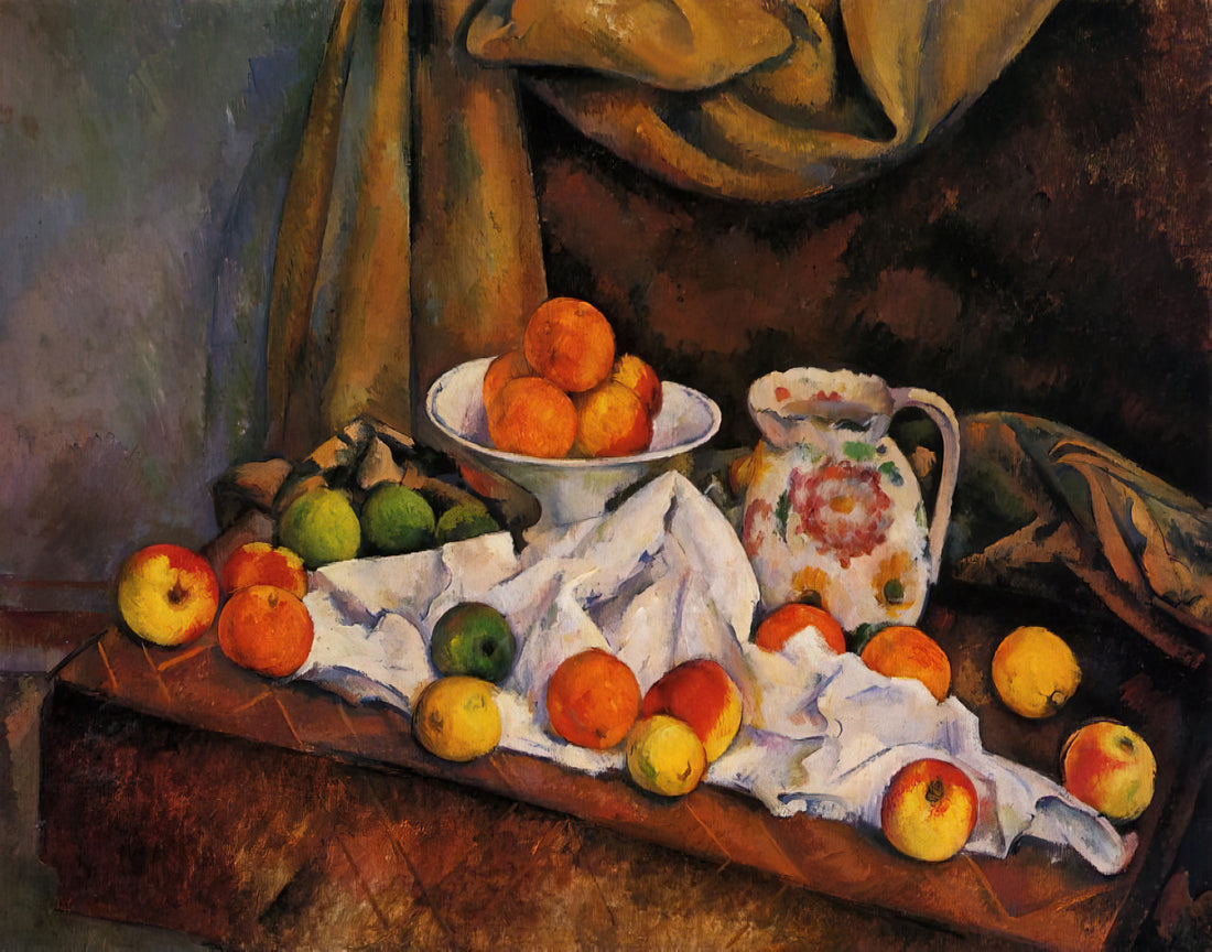 Unpacking the Legacy of Paul Cézanne: The Artist Who Bridged Impressionism and Cubism - Fruit Bowl, Pitcher and Fruit by Paul Cézanne
