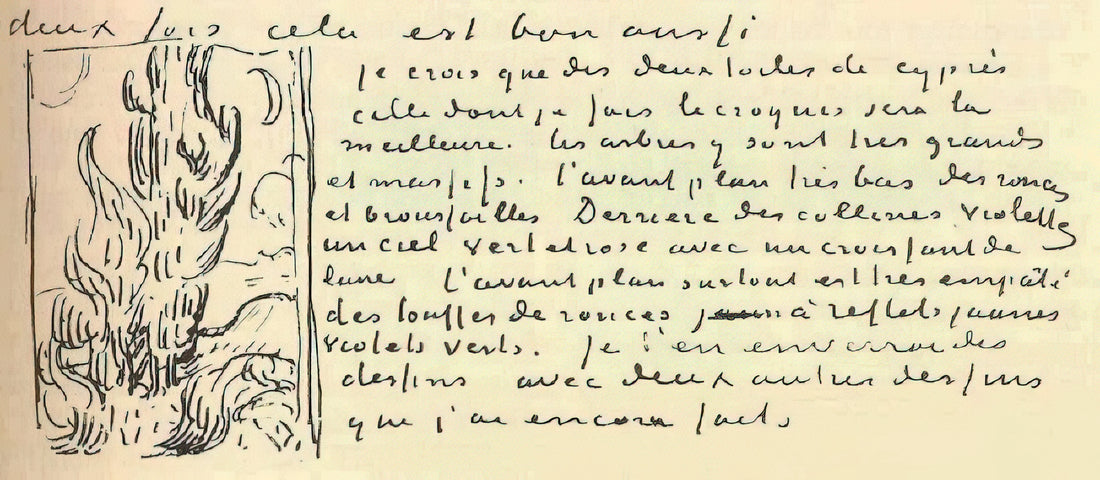 Van Gogh and Rembrandt: A Dialogue Across Centuries in Art History - Cypresses Sketch on a Letter to Theo Van Gogh by Vincent van Gogh