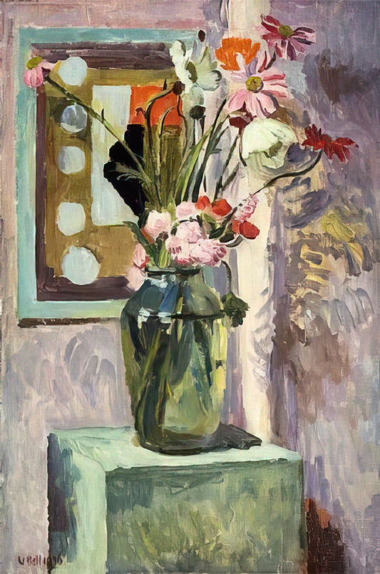 Vanessa Bell Reproduction: A Guide to the Bloomsbury Artist's Prints and Legacy - FLOWERS IN A GLASS VASE WITH ABSTRACT NEEDLEWORK DESIGN by Vanessa Bell