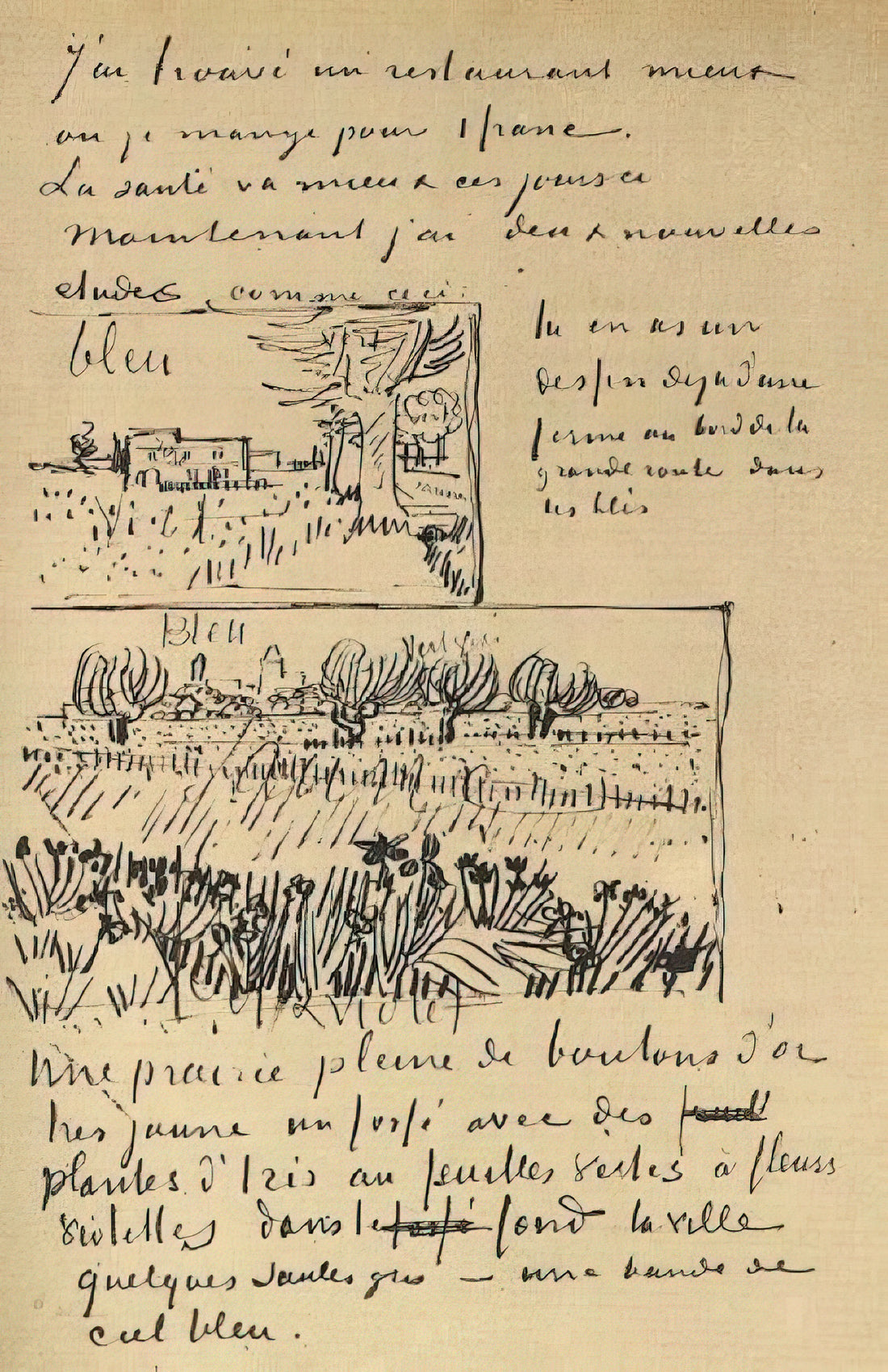 Vincent van Gogh Framed Prints: Curating Post-Impressionist Masterpieces for Your Collection - Farmhouse with Wheat Field along a Road and Field with Flowers by Vincent van Gogh