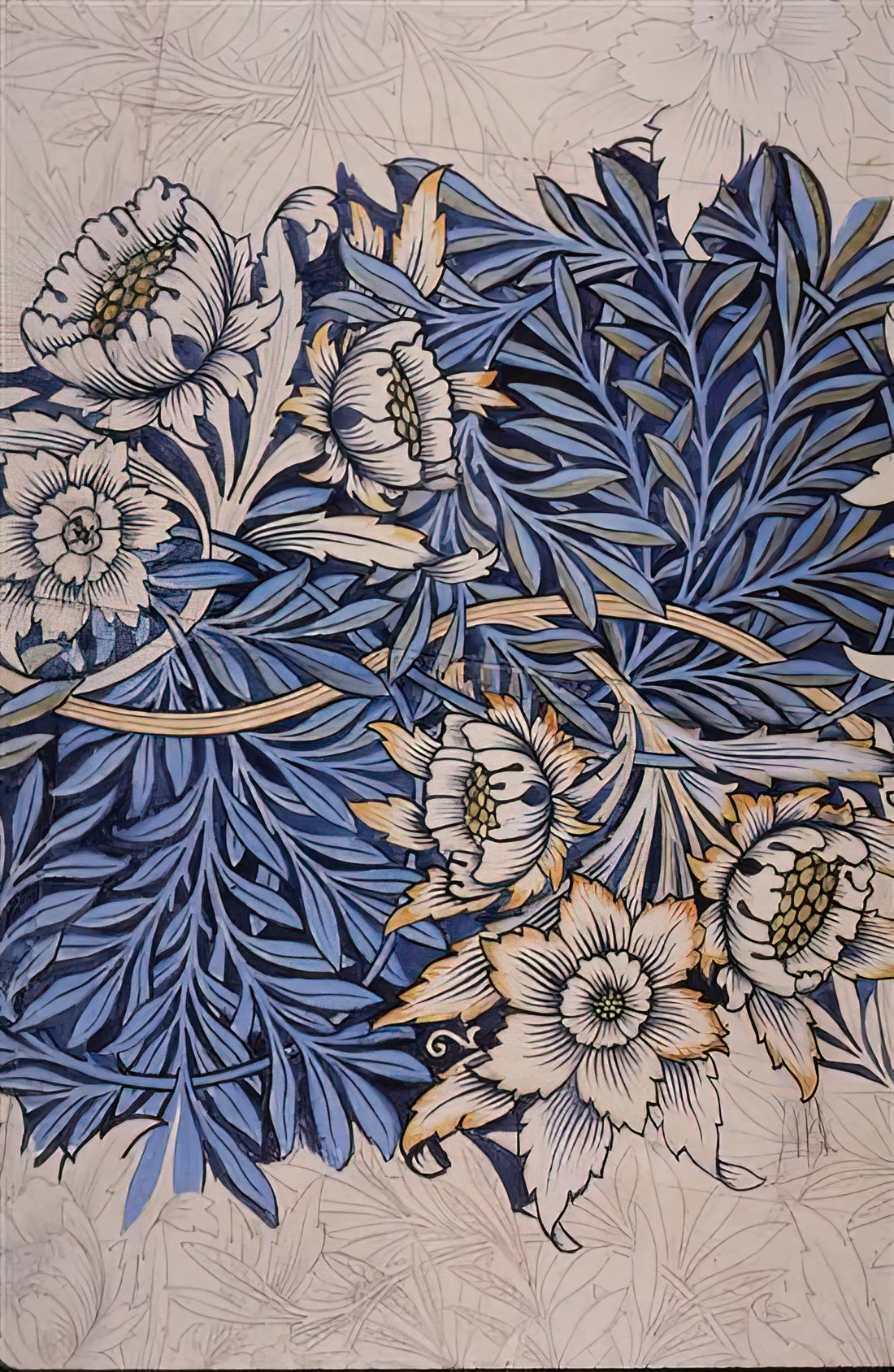 William Morris Style Tiles: The Enduring Legacy of Arts & Crafts Design - DESIGN FOR TULIP AND WILLOW INDIGO DISCHARGE WOOD BLOCK PRINTED FABRIC 1873 by William Morris