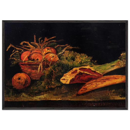 Still Life with Apples Meat and a Roll - Vincent van Gogh 70x100 cm / 28x40 inches Framed Art Print – Black Wooden Frame