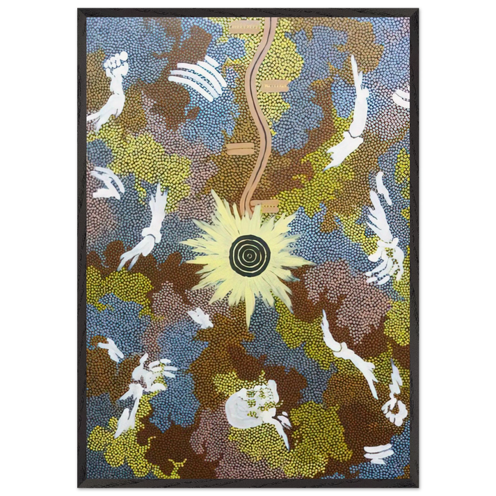 Lightning Dreaming  Mount Allen - 1990 - Clifford Possum Tjapaltjarri 70x100 cm / 28x40 inches Framed Art Print – Black Wooden Frame