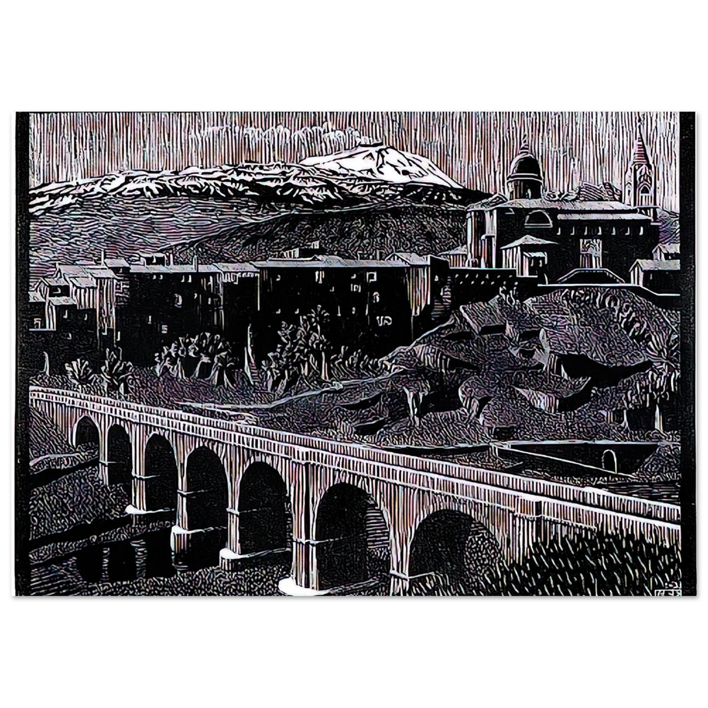 MC Escher - RANDAZZO AND MOUNT ETNA SICILY JANUARY 1933 1933 Wall Art - 60x80 cm / 24x32 inches - Premium Wooden Framed Poster With Fine Art Paper-canvas - Wood frame