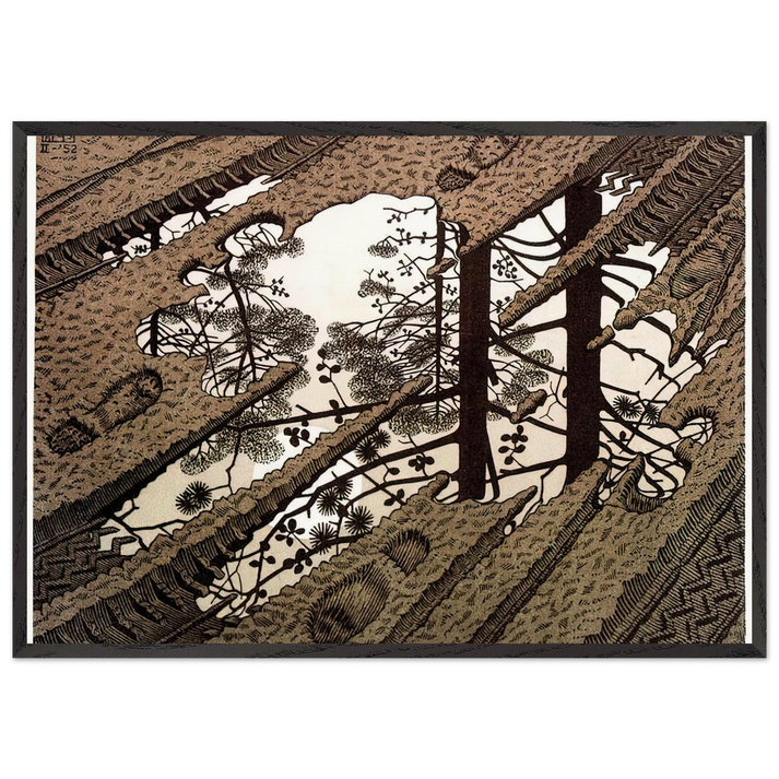 PUDDLE - MC Escher 70x100 cm / 28x40 inches Framed Art Print – Black Wooden Frame | Maurits Cornelis Escher Prints