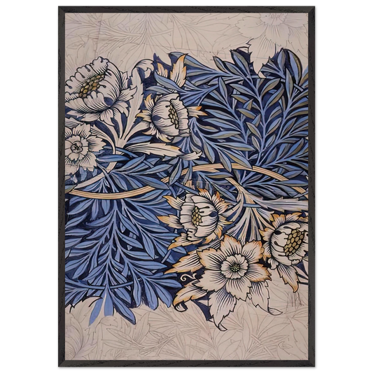 DESIGN FOR TULIP AND WILLOW INDIGO DISCHARGE WOOD BLOCK PRINTED FABRIC 1873 - William Morris 70x100 cm / 28x40 inches Framed Art Print – Black Wooden Frame