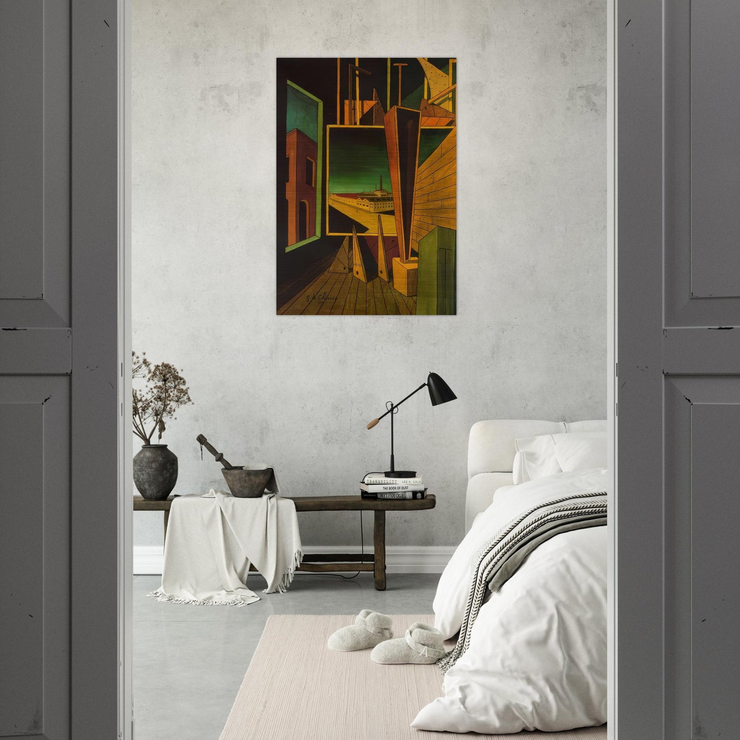 GEOMETRIC COMPOSITION WITH FACTORY LANDSCAPE 1917 - Giorgio de Chirico Brushed Aluminum Print - 70x100 cm / 28x40 inches | Giorgio de Chirico Aluminum Print | Giorgio de Chirico Prints