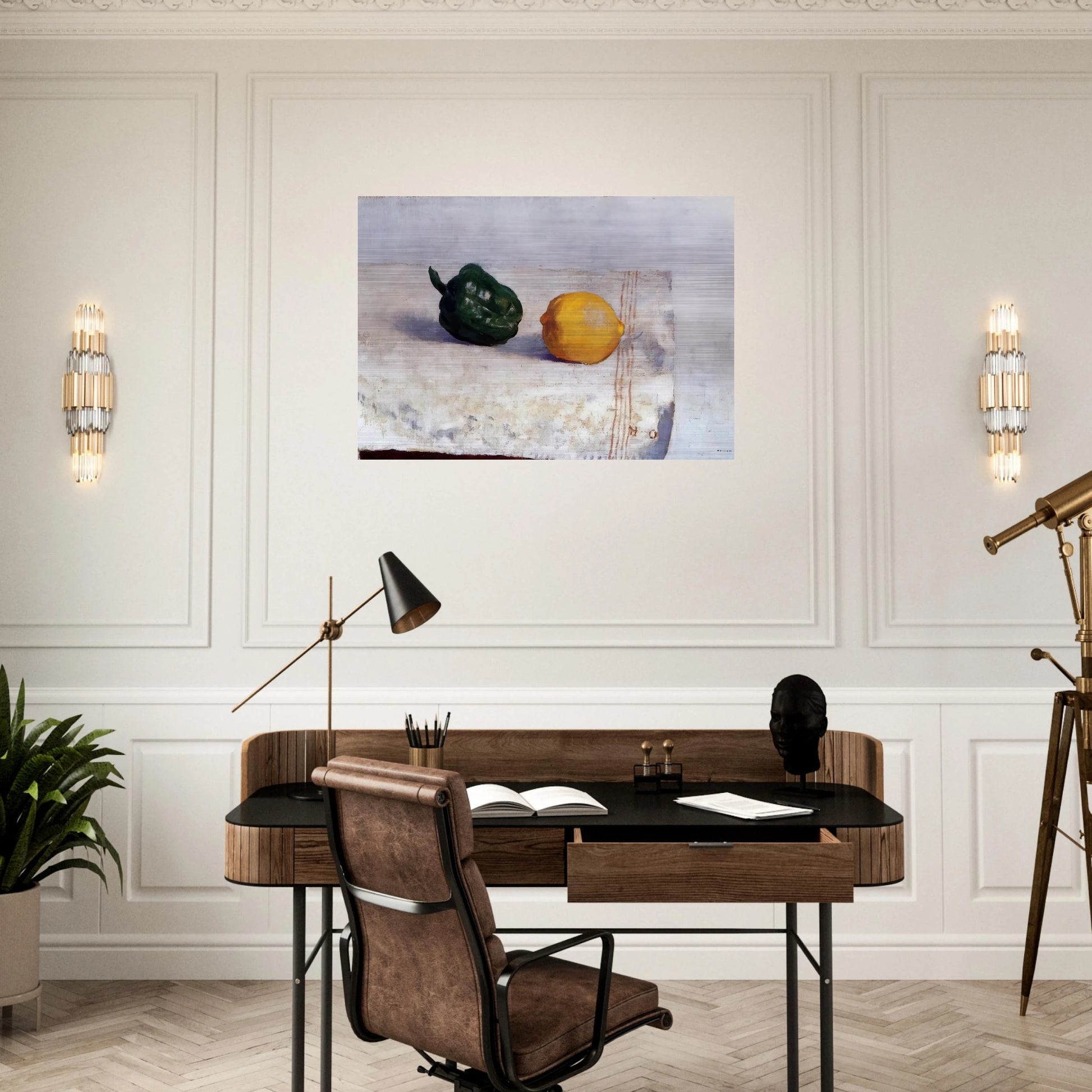PEPPER AND LEMON ON A WHITE TABLECLOTH 1901 - Odilon Redon Brushed Aluminum Print - 70x100 cm / 28x40 inches | Odilon Redon Aluminum Print | Odilon Redon Prints