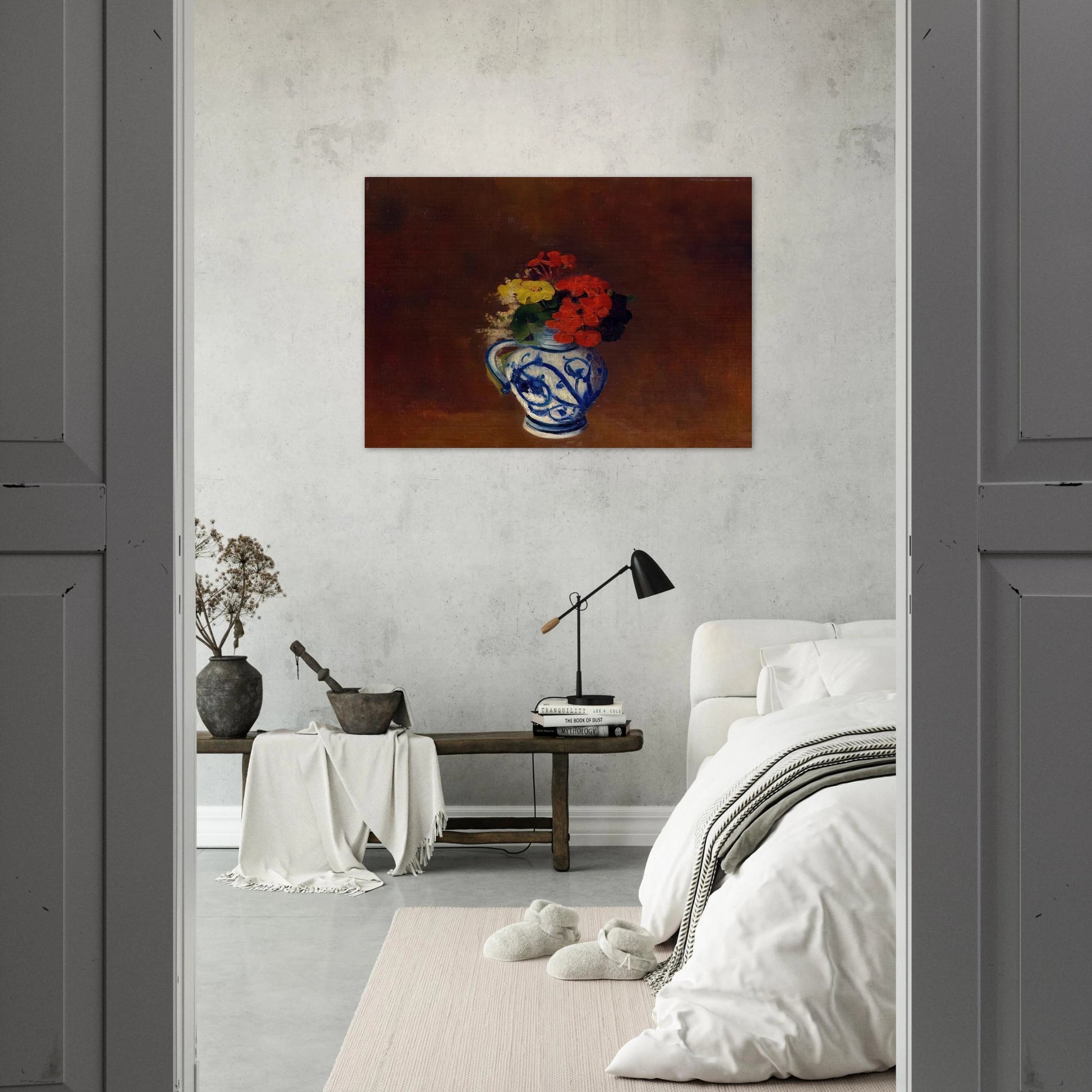 GERANIUMS AND OTHER FLOWERS IN A STONEWARE VASE - Odilon Redon Brushed Aluminum Print - 70x100 cm / 28x40 inches | Odilon Redon Aluminum Print | Odilon Redon Prints
