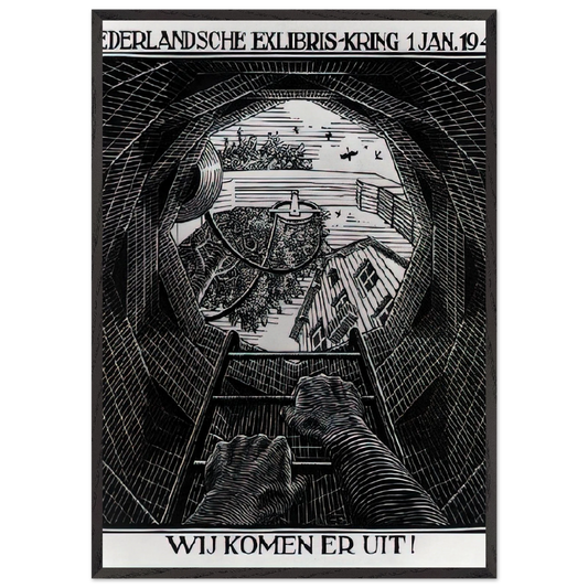 NEW YEAR S GREETING CARD - MC Escher 70x100 cm / 28x40 inches Framed Art Print – Black Wooden Frame | Maurits Cornelis Escher Prints