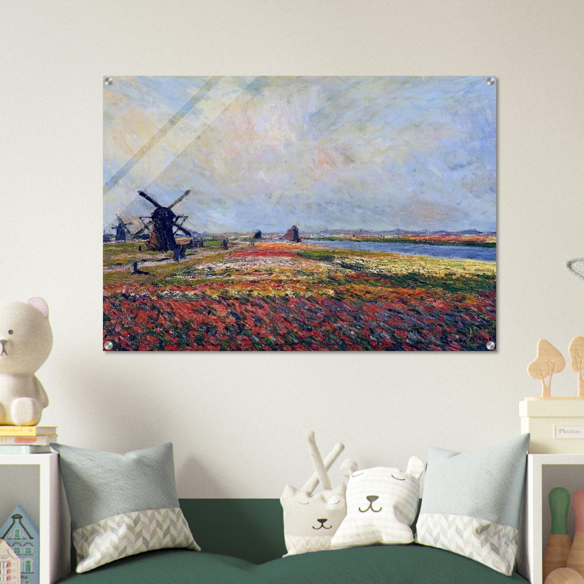Fields of Flowers and Windmills near Leiden - claude monet Acrylic Print - 70x100 cm / 28x40″ inches
