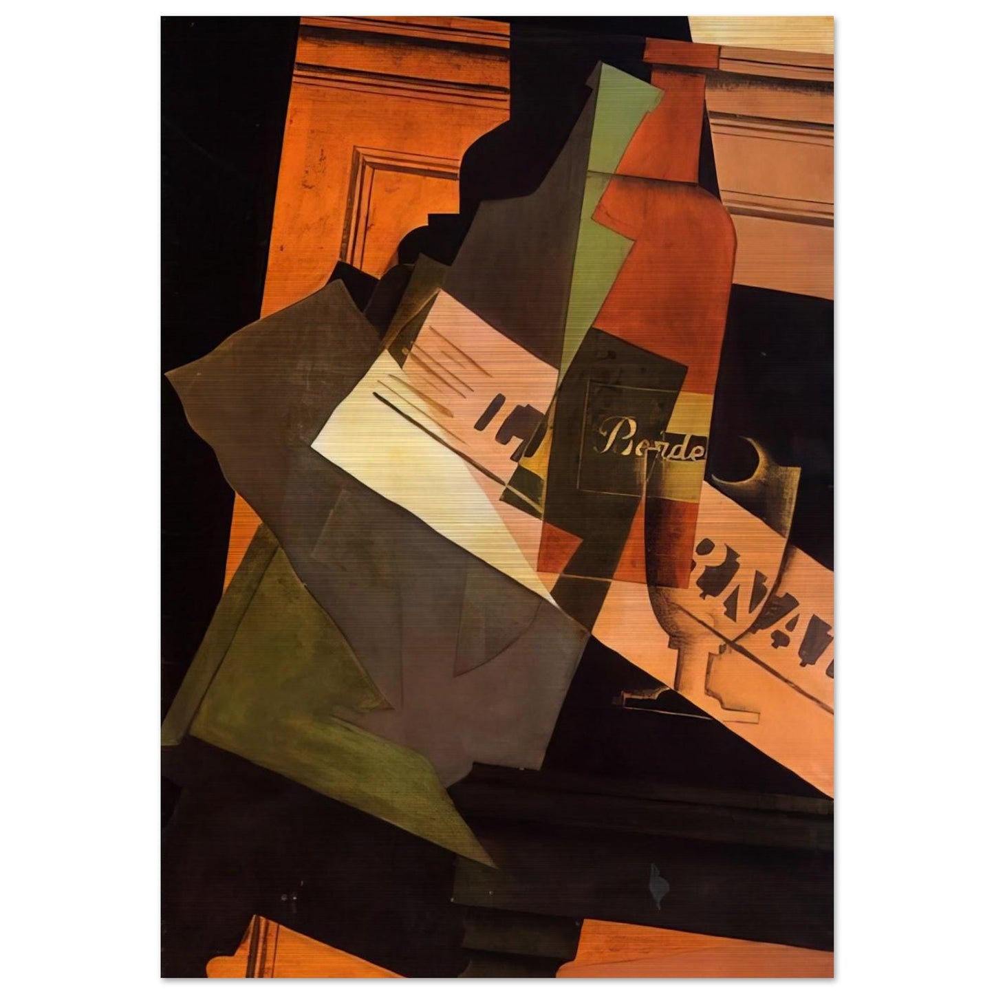 BOTTLE GLASS AND NEWSPAPER - Juan Gris Brushed Aluminum Print - 70x100 cm / 28x40 inches | Juan Gris Aluminum Print | Juan Gris Prints