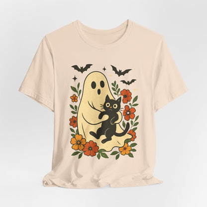 Spooky spookachtige Geest Houdt Zwarte Kat Groovy Bloem Halloween