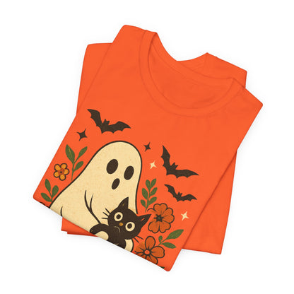 Spooky spookachtige Geest Houdt Zwarte Kat Groovy Bloem Halloween