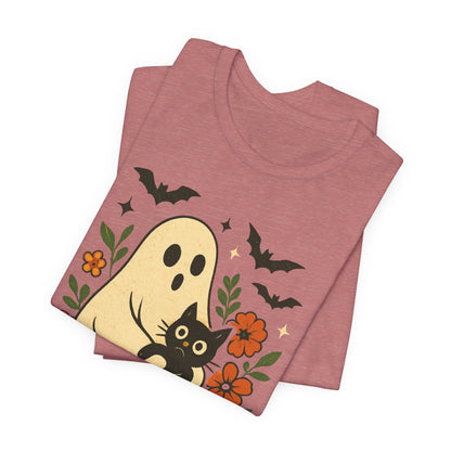 Spooky spookachtige Geest Houdt Zwarte Kat Groovy Bloem Halloween