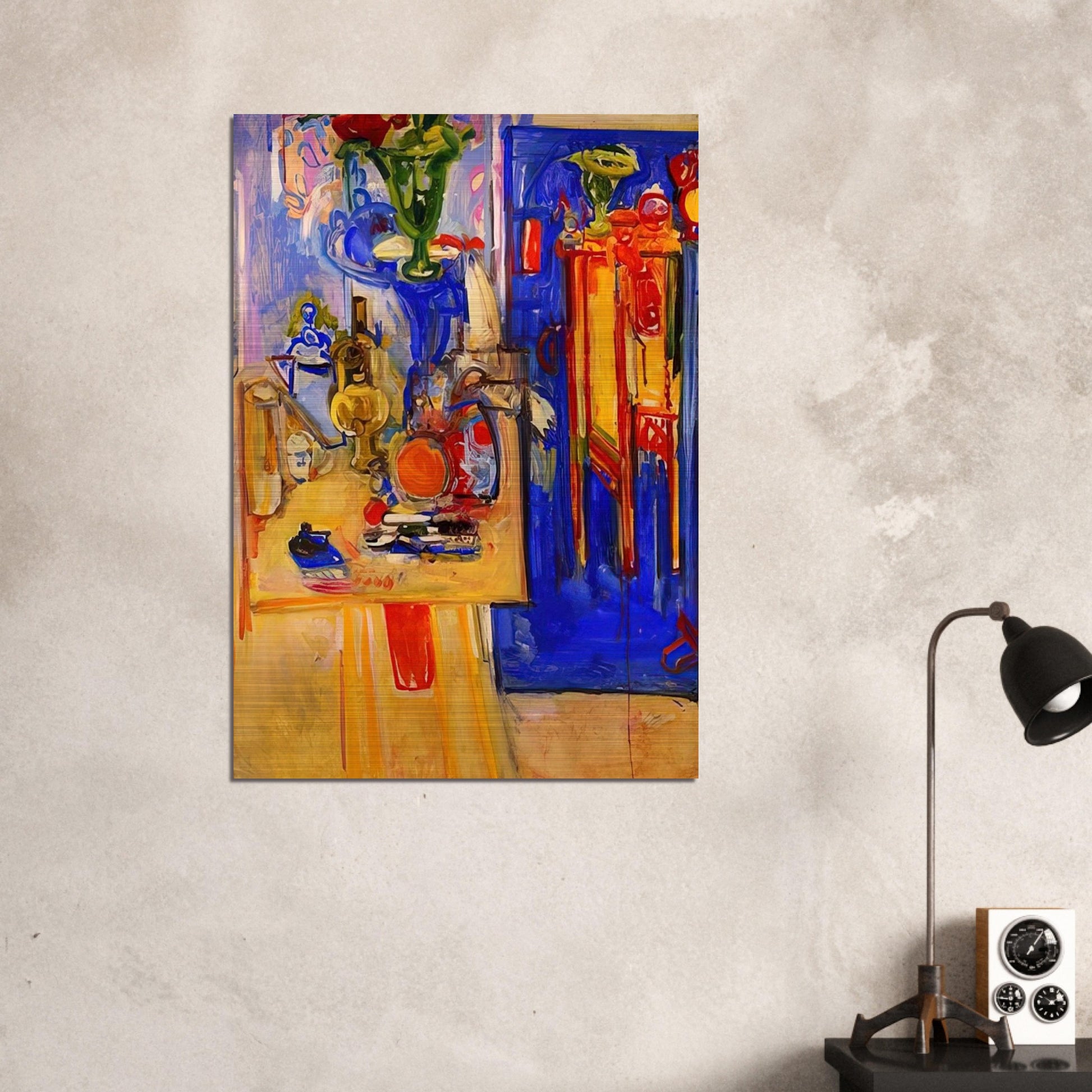 Table with Teakettle, Green Vase and Red Flowers - Hans Hofmann Brushed Aluminum Print - 70x100 cm / 28x40 inches | Hans Hofmann Aluminum Print | Hans Hofmann Prints