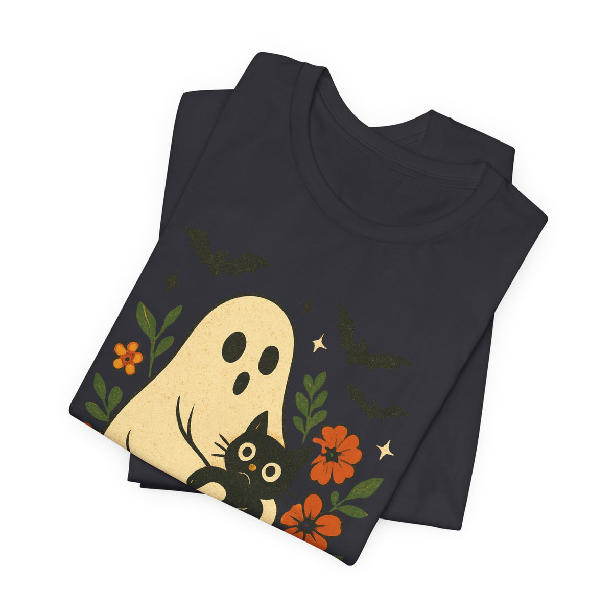 Spooky spookachtige Geest Houdt Zwarte Kat Groovy Bloem Halloween