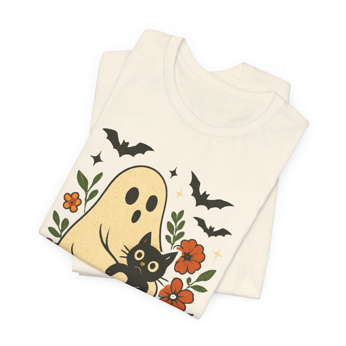 Spooky spookachtige Geest Houdt Zwarte Kat Groovy Bloem Halloween
