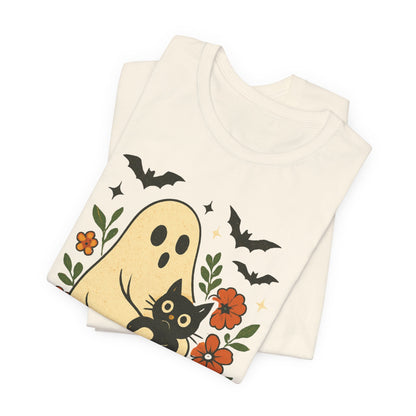Spooky spookachtige Geest Houdt Zwarte Kat Groovy Bloem Halloween