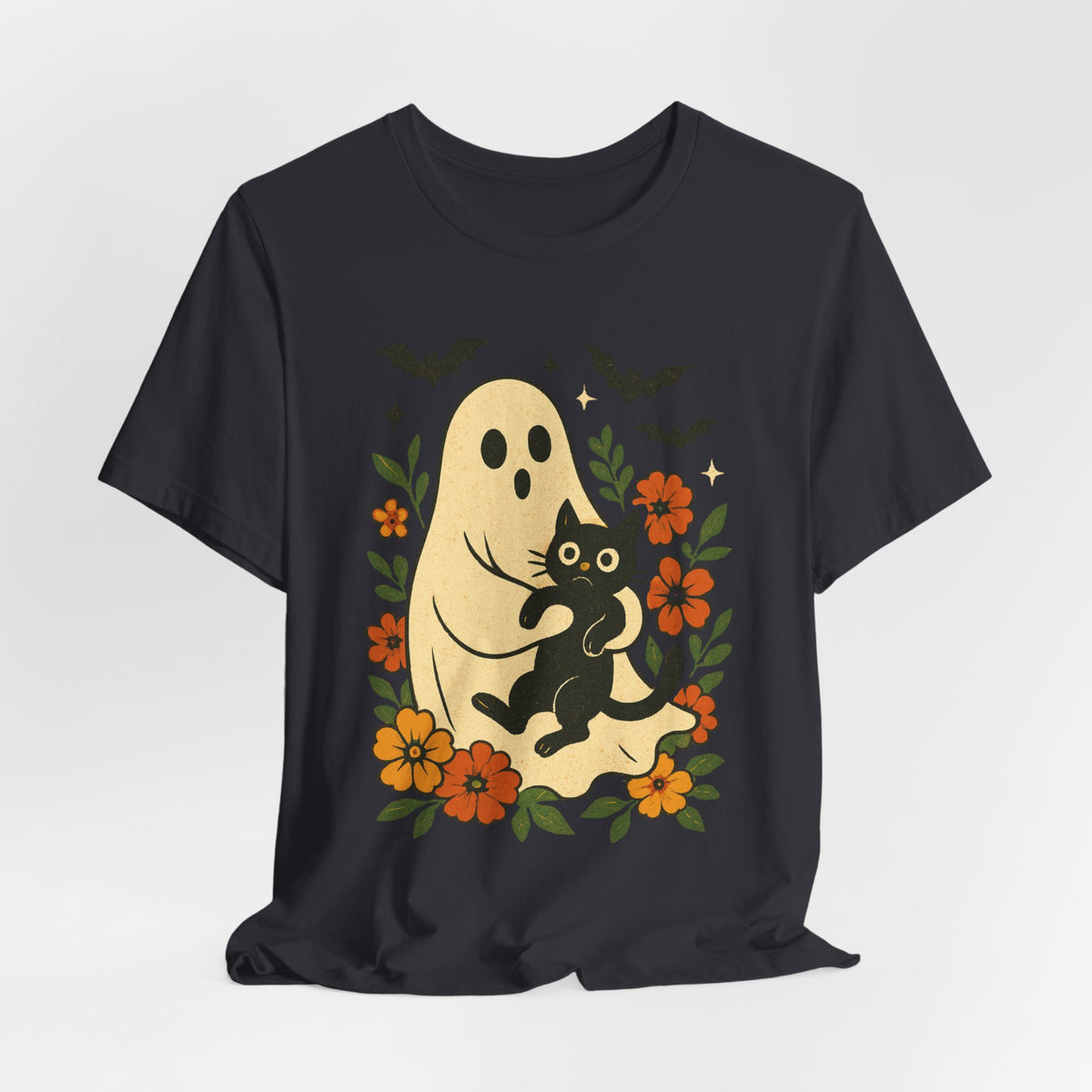 Spooky spookachtige Geest Houdt Zwarte Kat Groovy Bloem Halloween