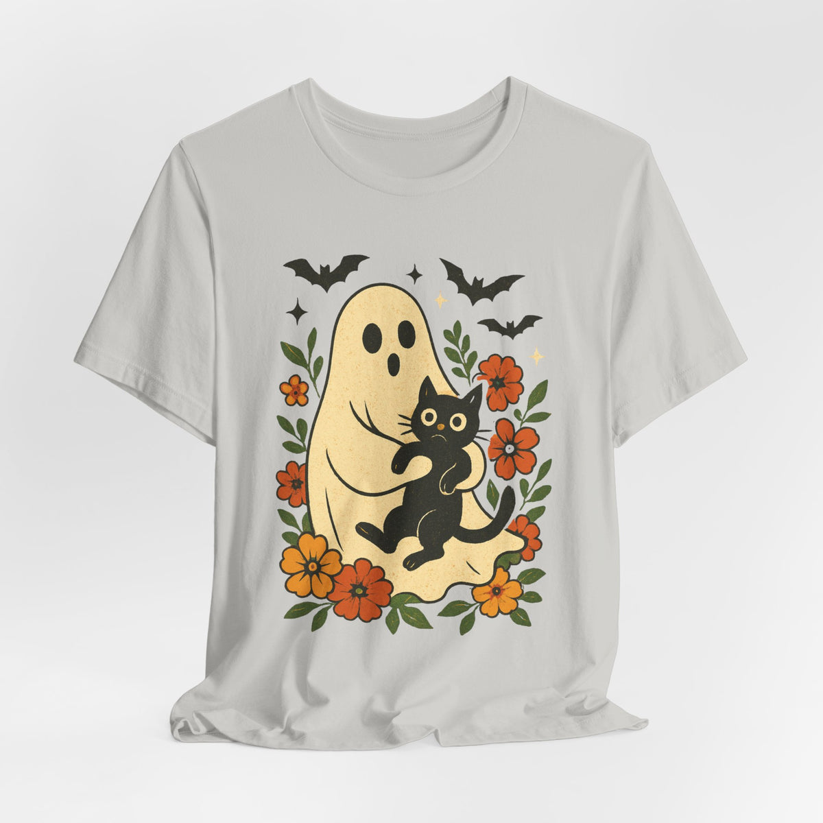 Spooky spookachtige Geest Houdt Zwarte Kat Groovy Bloem Halloween