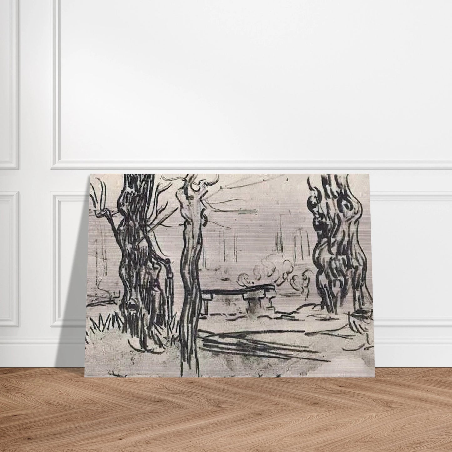 Garden of the Asylum and Tree Trunks and a Stone Bench - Vincent van Gogh Brushed Aluminum Print - 70x100 cm / 28x40 inches | Vincent van Gogh Aluminum Print | Vincent van Gogh Prints