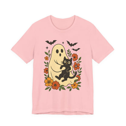 Spooky spookachtige Geest Houdt Zwarte Kat Groovy Bloem Halloween