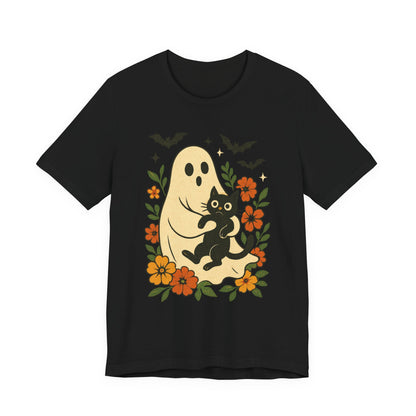 Spooky spookachtige Geest Houdt Zwarte Kat Groovy Bloem Halloween