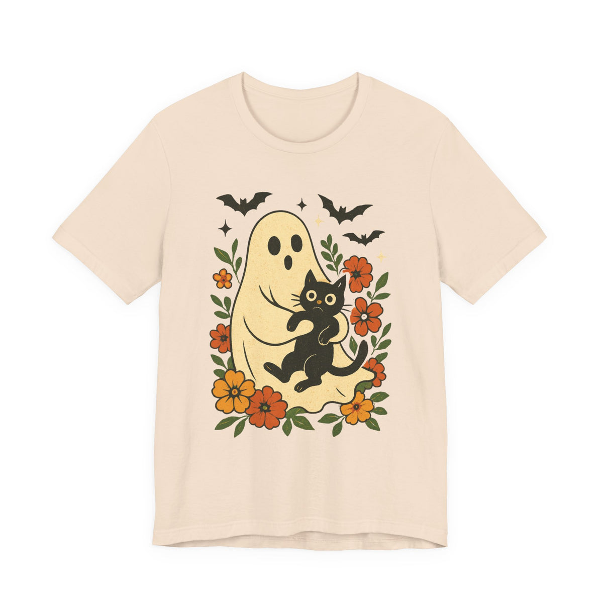 Spooky spookachtige Geest Houdt Zwarte Kat Groovy Bloem Halloween