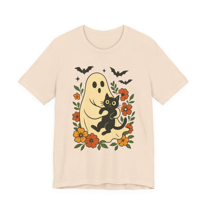 Spooky spookachtige Geest Houdt Zwarte Kat Groovy Bloem Halloween