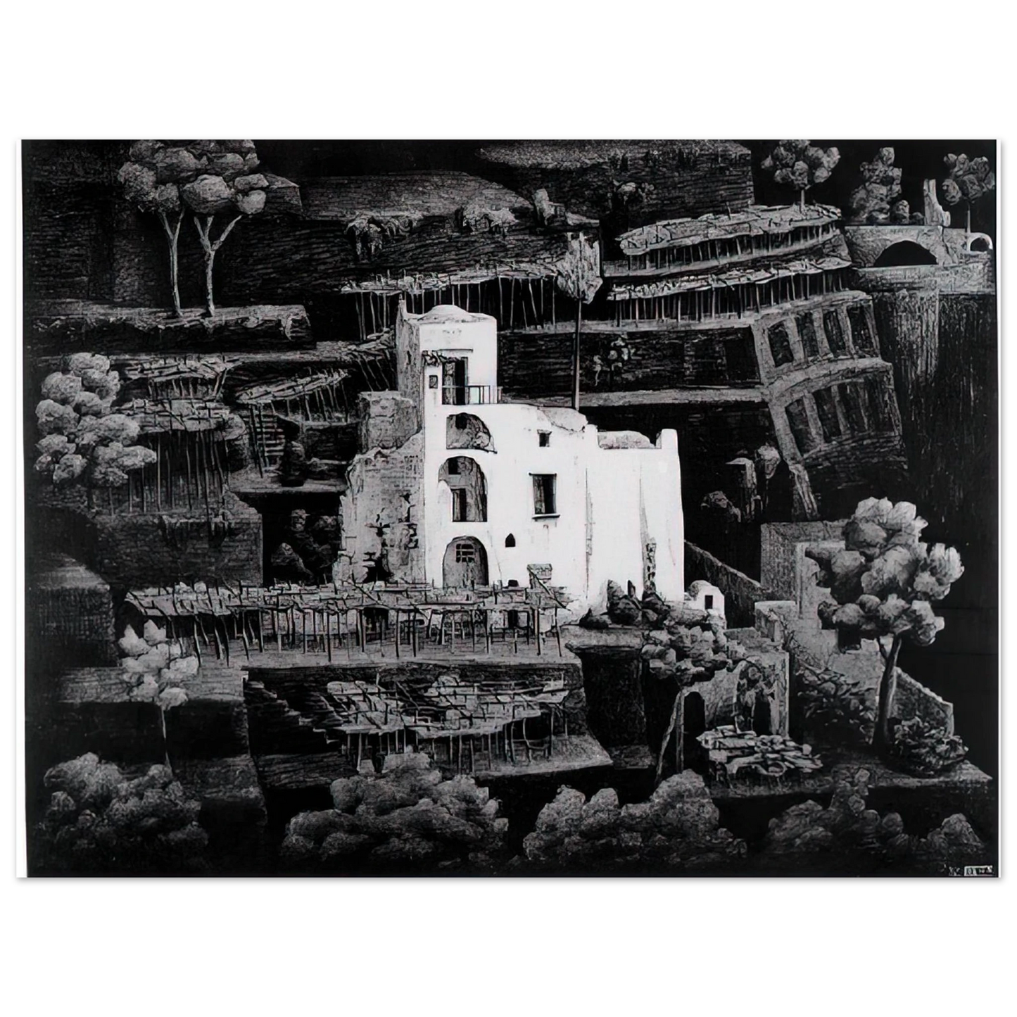 MC Escher - FARMHOUSE RAVELLO Wall Art - 60x80 cm / 24x32 inches - Premium Wooden Framed Poster With Fine Art Paper - Black frame