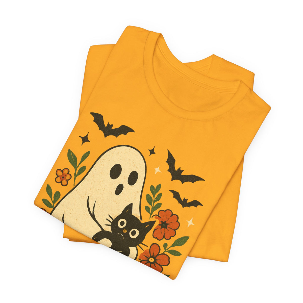 Spooky spookachtige Geest Houdt Zwarte Kat Groovy Bloem Halloween