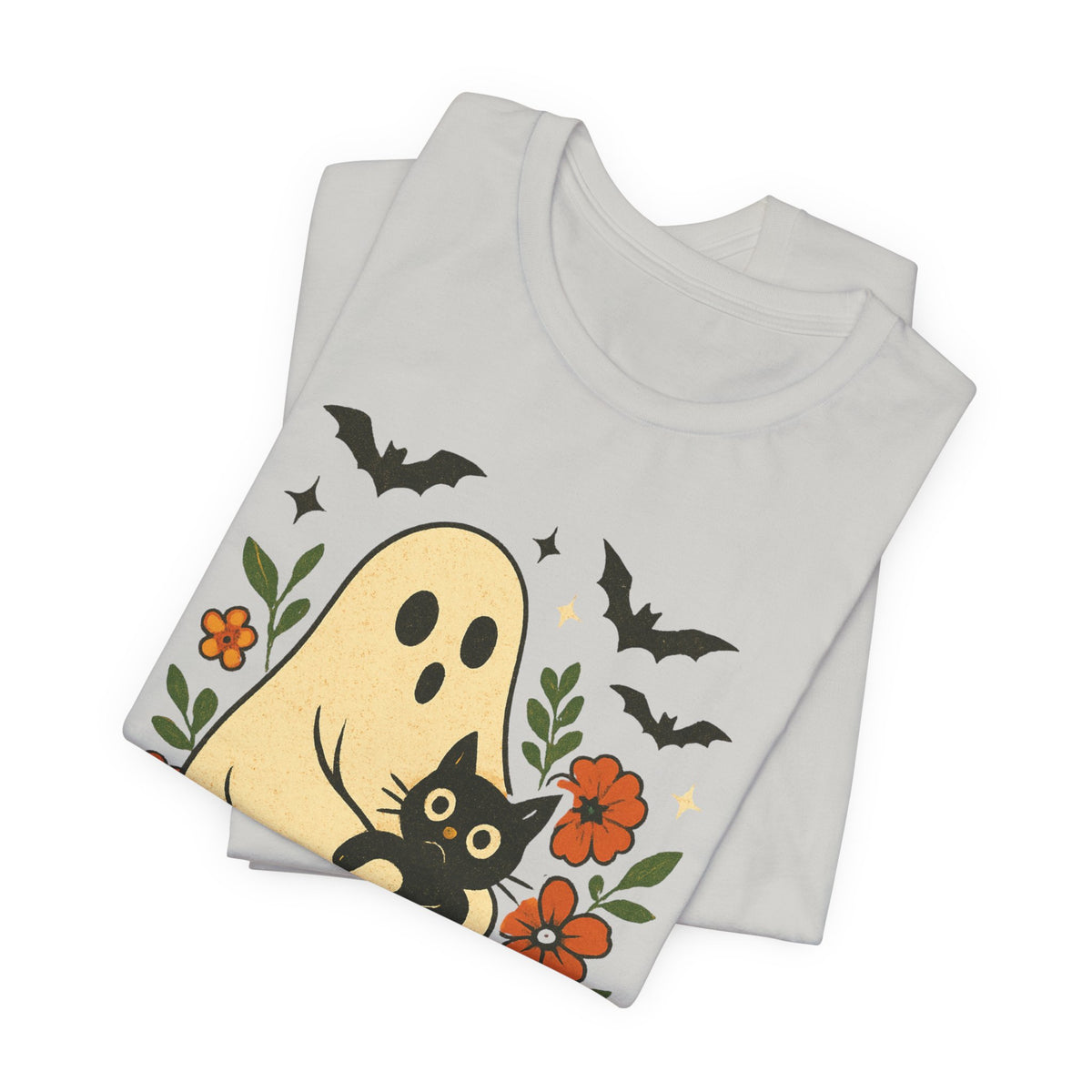 Spooky spookachtige Geest Houdt Zwarte Kat Groovy Bloem Halloween