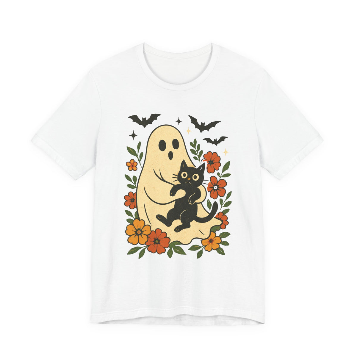 Spooky spookachtige Geest Houdt Zwarte Kat Groovy Bloem Halloween