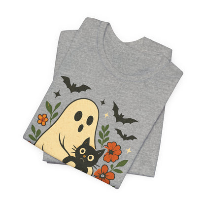 Spooky spookachtige Geest Houdt Zwarte Kat Groovy Bloem Halloween