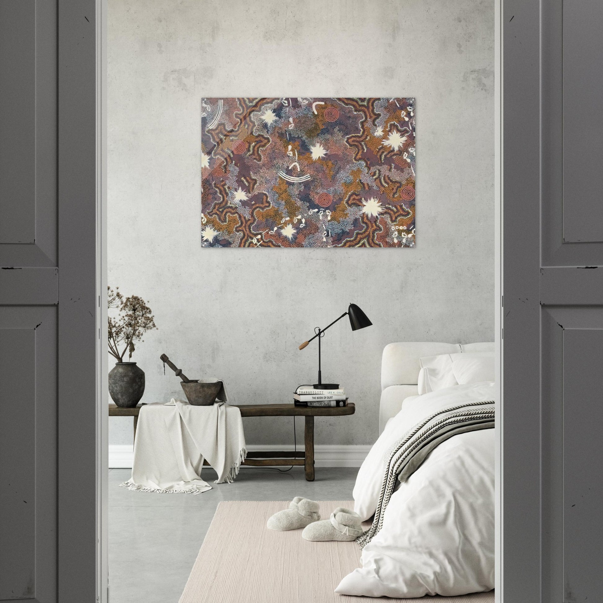 Ngarlu Red Hill - 1990 - Clifford Possum Tjapaltjarri Acrylic Print - 70x100 cm / 28x40″ inches | Clifford Possum Tjapaltjarri Wall Art | Clifford Possum Tjapaltjarri Prints
