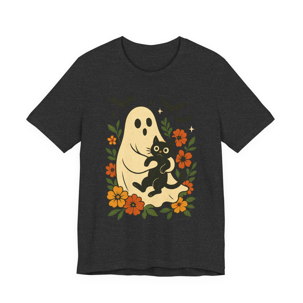 Spooky spookachtige Geest Houdt Zwarte Kat Groovy Bloem Halloween