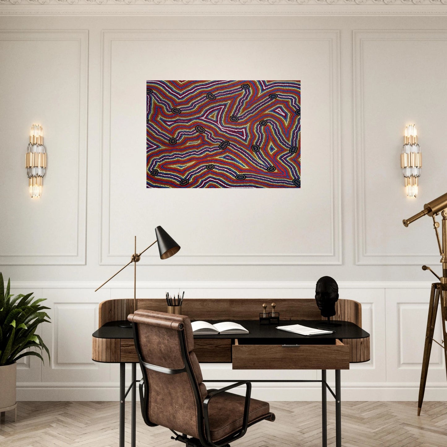 Narripi Dreaming - 1992 - Clifford Possum Tjapaltjarri Brushed Aluminum Print - 70x100 cm / 28x40 inches | Clifford Possum Tjapaltjarri Aluminum Print | Clifford Possum Tjapaltjarri Prints