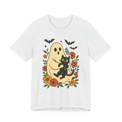 Spooky spookachtige Geest Houdt Zwarte Kat Groovy Bloem Halloween