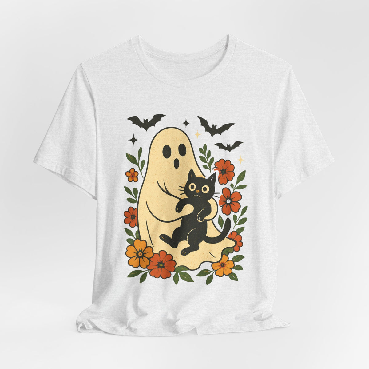 Spooky spookachtige Geest Houdt Zwarte Kat Groovy Bloem Halloween