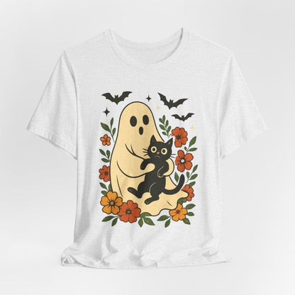 Spooky spookachtige Geest Houdt Zwarte Kat Groovy Bloem Halloween