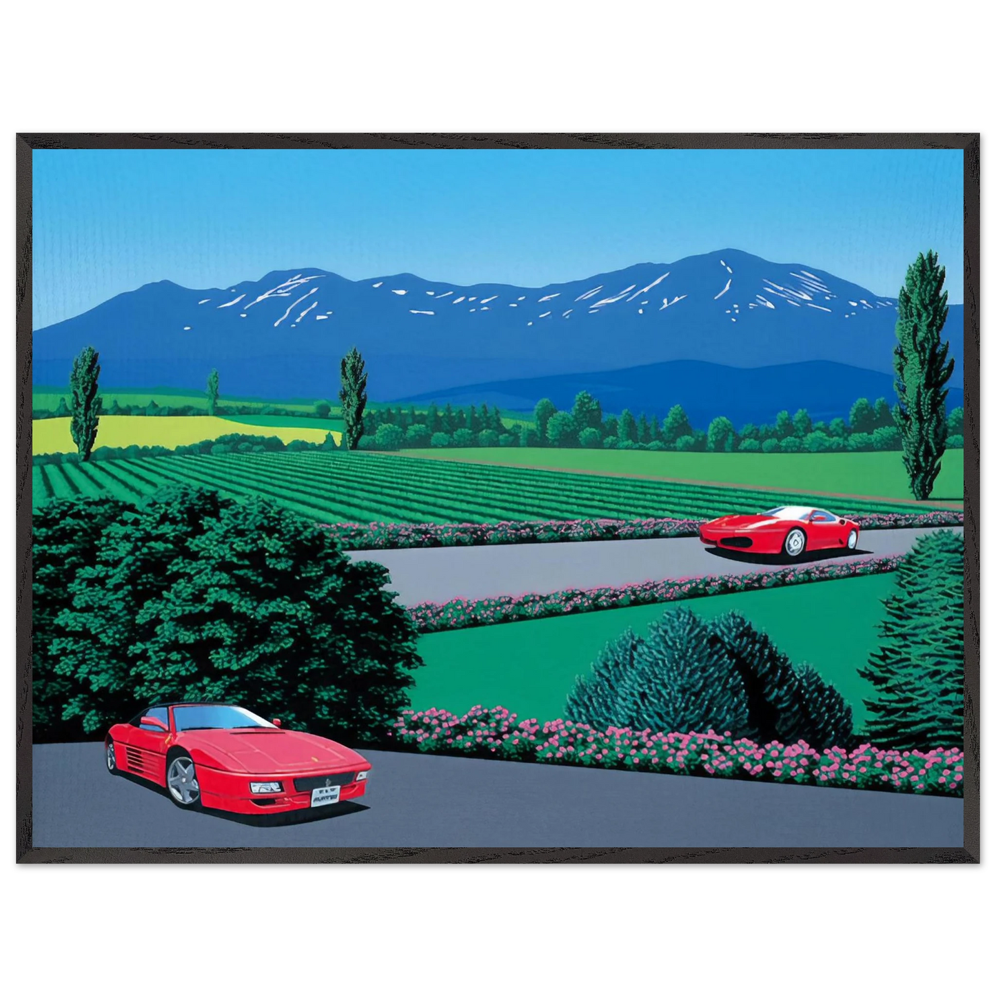 Hiroshi Nagai - Ferraris traversing the lands Wall Art - 21x29.7 cm / 8x12" - Premium Wooden Framed Poster With Fine Art Paper - Wood frame